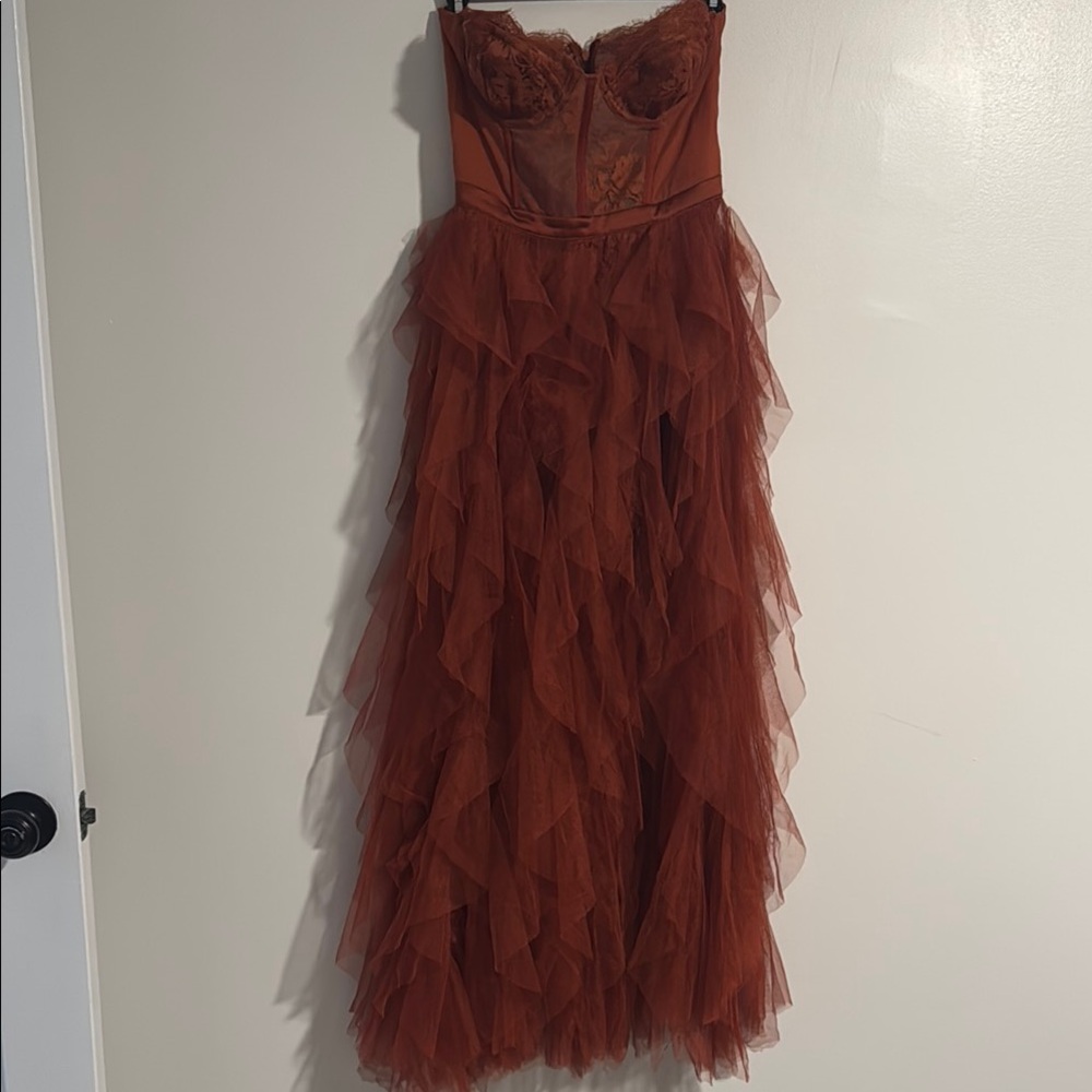 For Love And Lemons Brown and Orange Ruffled Tiered Gown